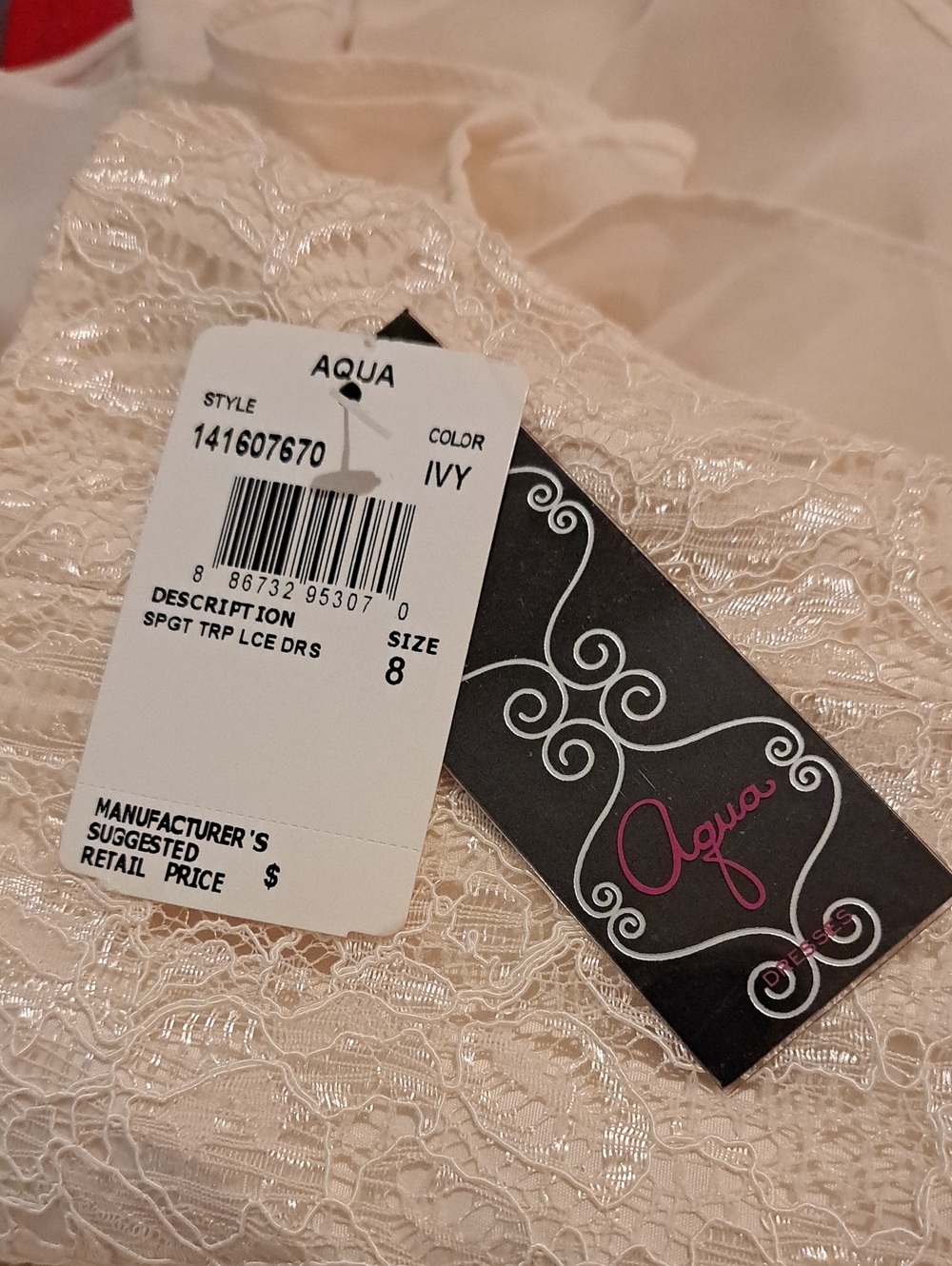 Aqua Ivory/Cream Lace Bodice Spaghetti Strap Cocktail Dress - Size 8 - Picture 7 of 7